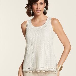 CHICOS Fretwork Fringe Tank Top size 0 or Small Cream‎ Ivory Boho $79 Sleeveless